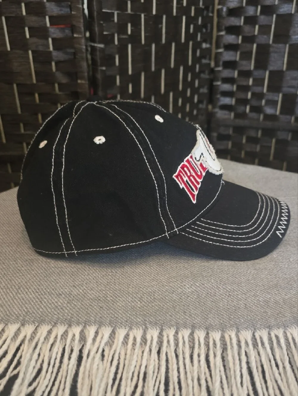 True Religion Black Baseball Cap with Red & White Embroidered Horseshoe Logo